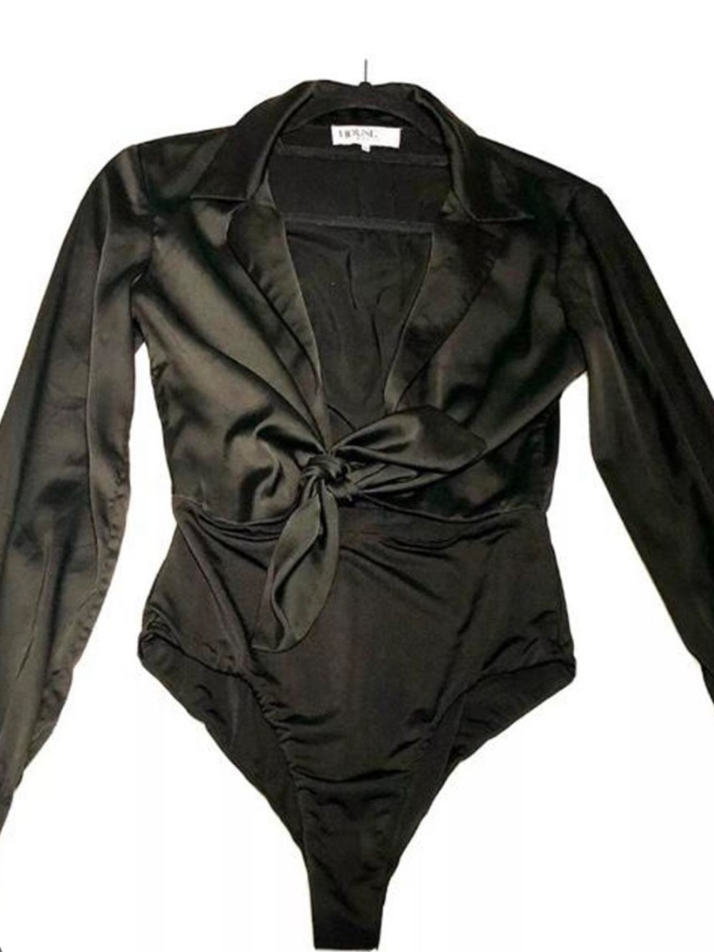 House of CB London Black Satin Long-sleeve BodySuit Medium